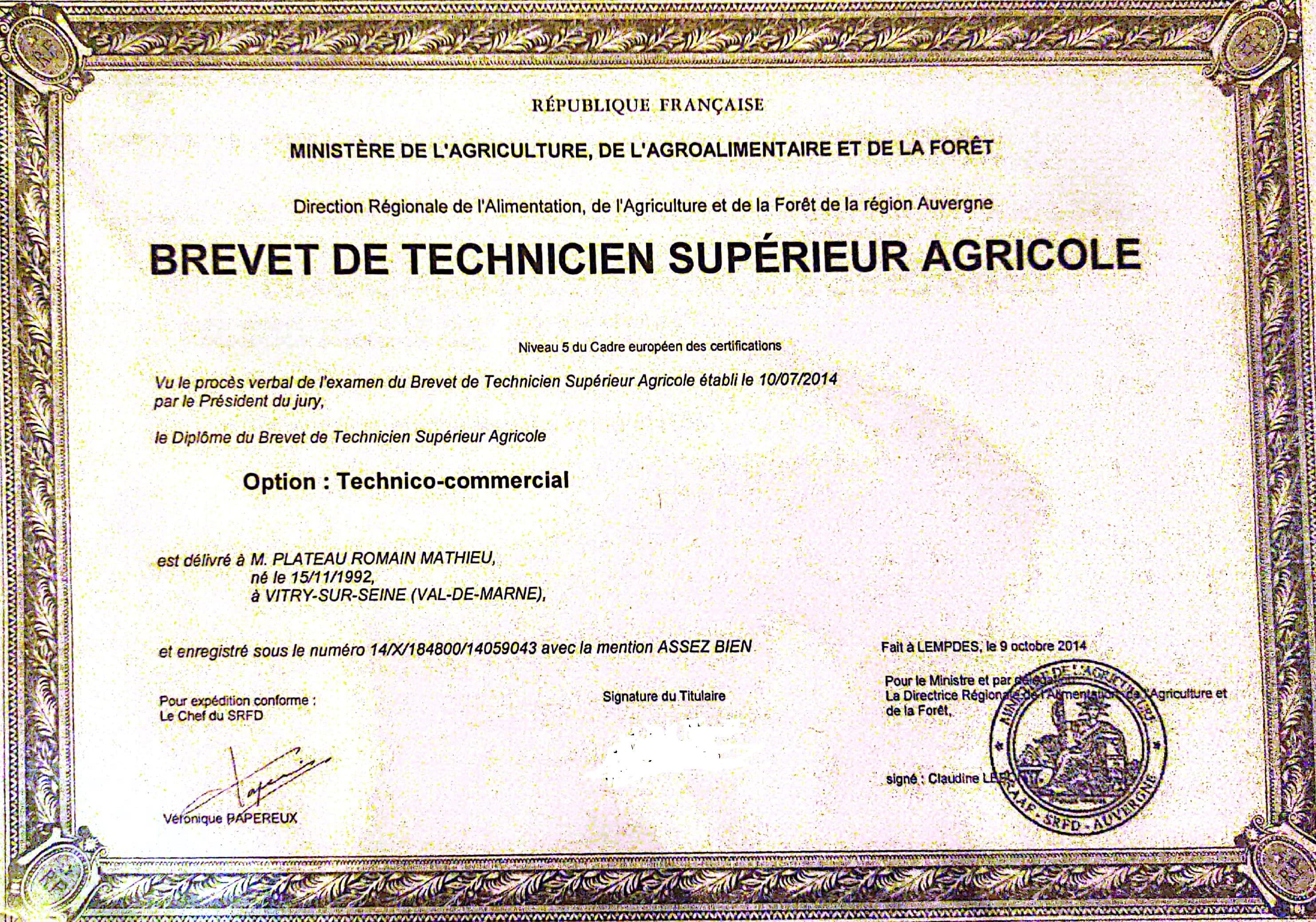 Brevet de Technicien Supérieur Agricole de Romain Plateau